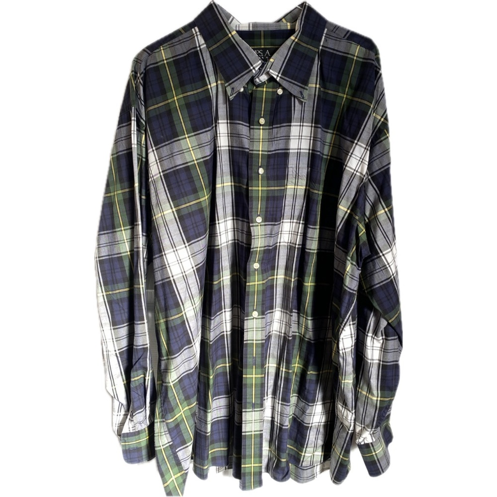 Jos. A. Bank Traveler’s Collection, green/blue/white plaid button down, XXL.
